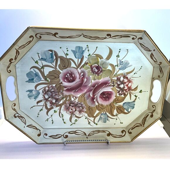 The Best!  Vintage hand painted tole tray; blush flowers with gold detailing - Picture 1 of 6